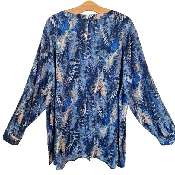Catherines Blue Feather Print Button Up Blouse Long Sleeve Women Size 3X Boho - Picture 5 of 7